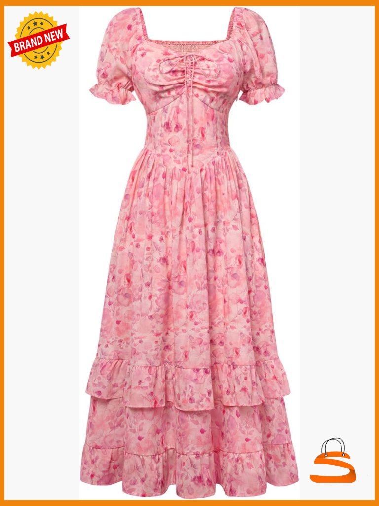 Ruffled Maxi Corset Dress With Puff Sleeves - Floral Print